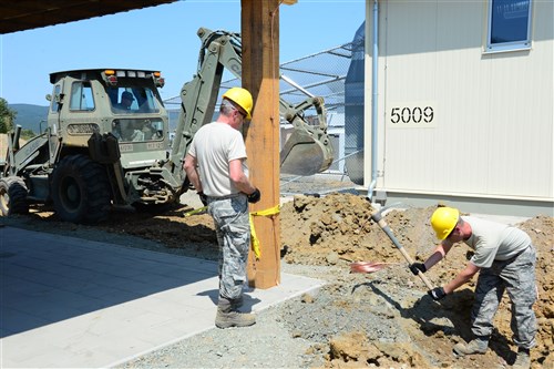 Airmen from the 118th Civil Engineer Squadron, Tennessee Air National Guard, install lightening protection at a pavilion Aug. 10, 2016, at Novo Selo Training Area, Bulgaria.  Tennessee National Guard Soldiers and Airmen were on rotations to complete thier portions of projects as part of Operation Resolute Castle 16, an ongoing operation of military construction to build up Eastern European base infrastructure and help strengthen ties between Tennessee's state partnership with Bulgaria. (U.S. Air National Guard photo by Master Sgt. Kendra M. Owenby, 134 ARW Public Affairs)