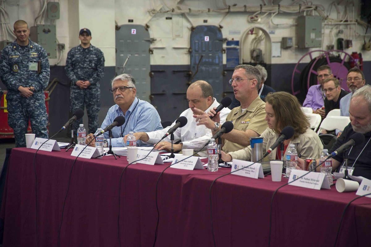 SAN DIEGO (March 16, 2016) Capt. Brian Quin, Commanding Officer, Wasp-class amphibious assault ship USS Essex (LHD 2) asks contestants questions about their new product pitches at the Innovation Jam hosted aboard Essex. Commander, U.S. Pacific Fleet's (PACFLT) Bridge Program welcomes the SSC Pacific Innovation Jam, sponsored by OPNAV N4 Fleet Readiness and Logistics and the Office of Naval Research. The Innovation Jam showcase pioneering concepts and rapid solutions to the fleet by SSC Pacific, the Athena Project, Tactical Advancements for the Next Generation and the Hatch. Solutions to Fleet-centric war fighting challenges are showcased by some of the bright and creative PACFLT Sailors. One of the bright ideas will be selected for initial funding, development, prototyping and possible transition to Fleet-wide implementation. U.S. Navy Photo by Mass Communication Specialist 2nd Class Molly A. Sonnier/Released 
