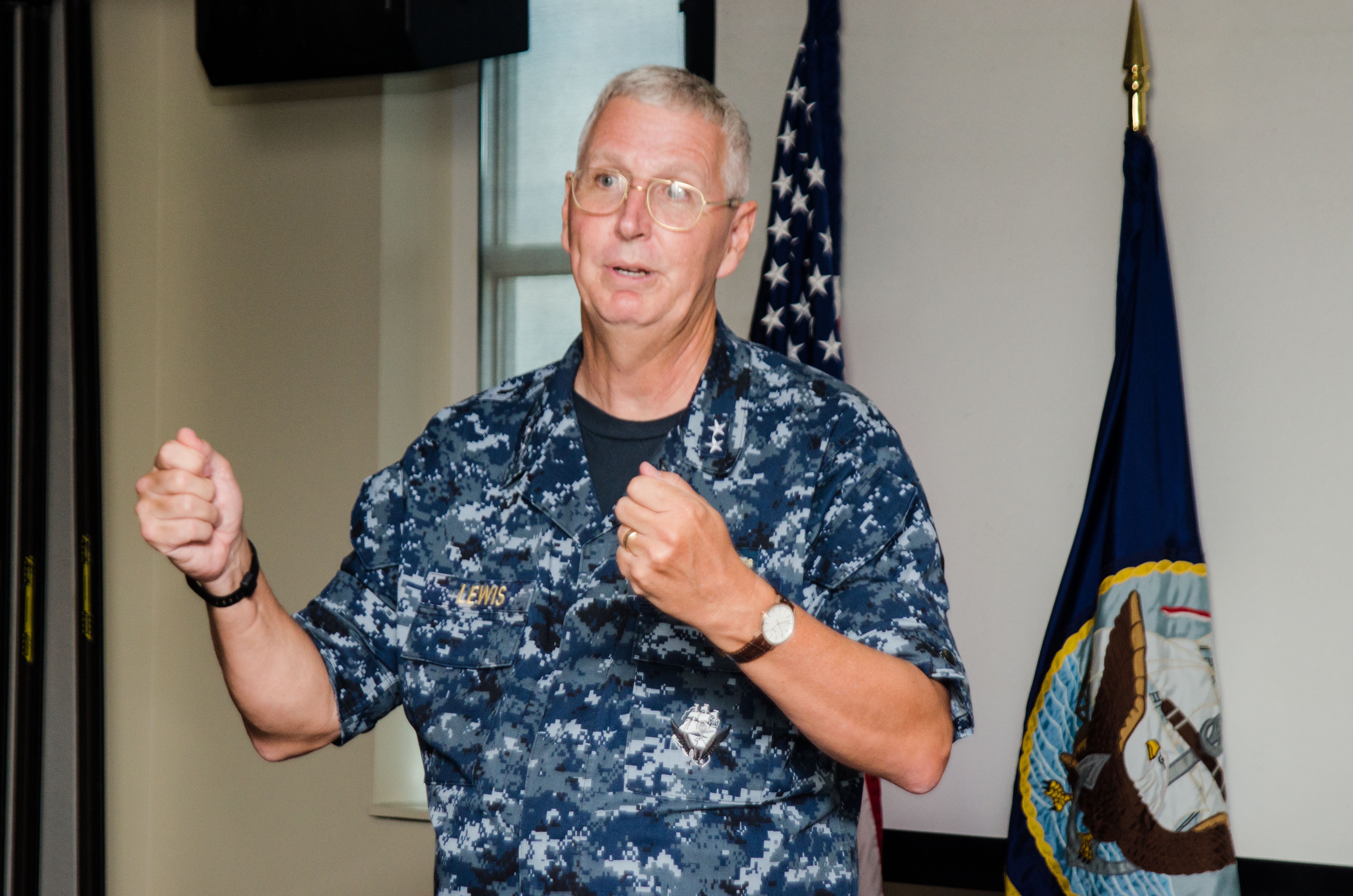 SPAWAR Commander Rear Adm. David Lewis speaks to SSC Atlantic personnel, August 1, 2016. U.S. Navy photo by IT1 Jeremy Harakal.