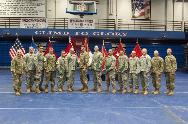 Army Soldiers from Company A, Special Troops Battalion, 86th Infantry Brigade Combat Team (Mountain), Vermont National Guard, Spc. Michael T. Babbin, Sgt. Sawyer D. Batten, assistant team leader, Private 2 Austin J. Demasisayers, Spc. Jody A. Fabian, Staff Sgt. Randy S. Hook, team leader, Spc. Jason W. Knight, Spc. Mathew P. Latour, Spc. Calvin J. Miller, are recognized for placing second in the 2016 Sapper Stakes competition at Fort Drum, New York, during the third year of the competition.