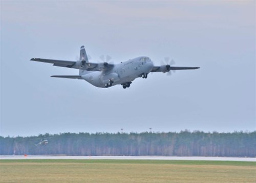 A U.S. Air Force C-130J Super Hercules lands after completing two successful grass-landings during an aviation detachment rotation at Powidz Air Base, Poland, March 31, 2014. These combined training rotations increase cooperation between the U.S and Polish armed forces and strengthen interoperability as NATO allies.