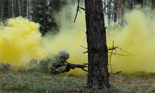 GRAFENWOEHR, Germany - 1st Lt. Ivan Corridori from the Italian army participates in a combat testing lane to prepare for the Expert Field Medical Badge assessment in Grafenwoehr, Germany, Sep 12.