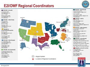 map and contact information of locations of e-2-i and o-w-f regional coordinators.