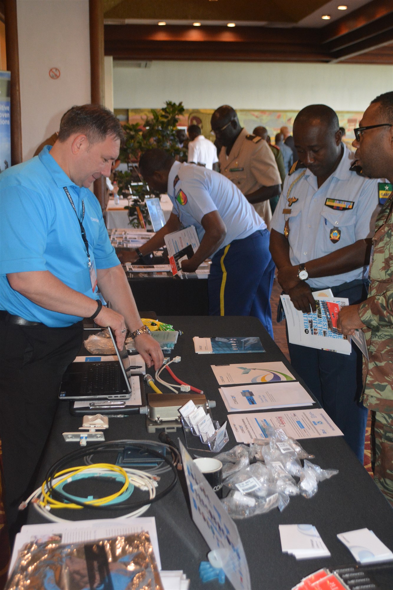 Africa Endeavor 16 participants listen to a technology expo representative talk about various Command, Control, Communications and Computer Systems (C4) solutions 18 Aug., 2016.  AE16 is an annual U.S. Africa Command sponsored training and information sharing effort to help develop African multi-national communication interoperability for African Union and United Nations mandated peacekeeping and disaster response in Africa.  Over 40 African nations participated in this year's events