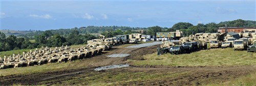 CINCU, Romania – Vehicles belonging to the 116th Cavalry Brigade Combat Team (CBCT), Idaho Army National Guard are positioned at the Romanian Land Force Combat Training Center (RLF-CTC) in Cincu, July 7, 2016 prior to the start of Exercise Saber Guardian 2016. The vehicles arrived in Romania on June 19 at the Port of Constanta and were shipped via railhead to Cincu. Saber Guardian is a U.S. Army Europe-led exercise, in the spirit of Partnership for Peace. It is designed to promote regional stability and security, while strengthening partnership capacity, and fostering trust while improving interoperability between Romania, the U.S., NATO and Partnership for Peace member nations. The 116th CBCT is one of the U.S. units participating in the exercise, which will also include forces from 11 different countries.