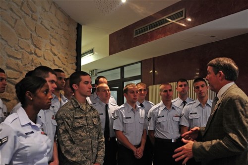 RAMSTEIN, Germany &mdash; Fifteenth Chief Master Sgt. of the Air Force Rodney McKinley talks to airmen on Ramstein Air Base, Germany, July 26. The purpose of Chief McKinley&#39;s visit was to meet airmen in Germany. (U.S. Air Force photo by Airman 1st Class Brea Miller)