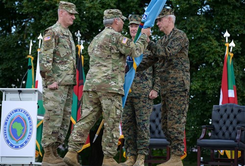Gen. Thomas D. Waldhauser assumes command of U.S. Africa Command during a ceremony at Patch Barracks, U.S. Army Garrison Stuttgart, Germany, July 18. Waldhauser succeeded Gen. David M. Rodriguez to become the fourth AFRICOM commander. (Photo by Jason Johnston, Visual Information)