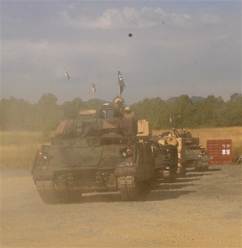 NOVO SELO TRAINIG AREA, Bulgaria – Tanks belonging to Anvil Company, 1st Combined Arms Battalion, 64th Armor Regiment head out to the field, July 21, 2016 to begin an 11-day training exercise. 1st Bn., 64th Arm. Rgmt. is in Bulgaria in support of Operation Atlantic Resolve, a U.S. led effort in Eastern Europe that demonstrates U.S. commitment to the collective security of NATO and enduring peace and stability in the region.