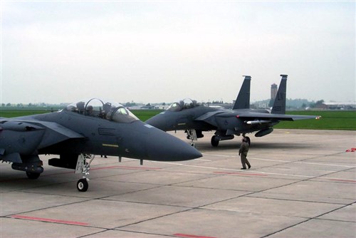 Two F-15E Strike Eagles from the 492nd Fighter Squadron at RAF Lakenheath, United Kingdom,  were part of six U.S. military aircraft on display at the Berlin Air Show, dubbed ILA 2002.   (Photo courtesy Messe Berlin)