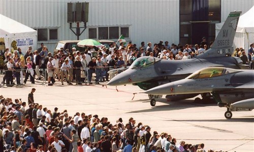 Two F-16 Fighting Falcons, from the 555th Fighter Squadron, Aviano Air Base, Italy,  were part of six U.S. military aircraft on display at the Berlin Air Show, dubbed ILA 2002.   (Photo Courtesy Messe Berlin)