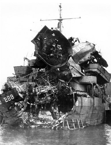 Photo of Landing Craft Tank (LST) 289, which limped back to port, of the torpedo damaged suffered in the stern of the ship (circa April 1944).