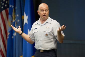 Chief Master Sgt. James W. Hotaling, the command chief of the Air National Guard, addresses the Air Directorate Field Advisory Council meeting at Joint Base Andrews Md., July 29, 2014. The ADFAC brings more than 20 Weapons System Councils together to open