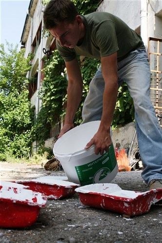 Lance Cpl. Chad Nicks, a combat engineer with Black Sea Rotational Force 11, and Milan, Mich., native, dumps paint into tray while renovating a senior citizens home here July 26. The Marines were in Georgia for Exercise Agile Spirit 2011, an exercise designed to increase interoperability between Georgian Armed Forces and Marines. The engineerssâ? job was to build relationships with the Eastern European nation by offering their skills to its people. (Photo by Cpl. Nana Dannsaappiah)