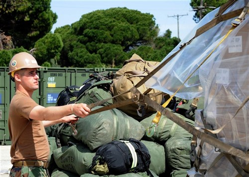 ROTA, Spain &mdash; A Seabee assigned to Naval Mobile Construction Battalion (NMCB) 7 prepares materials for shipment to support a detachment of NMCB-7 Seabees deploying to Latvia. NMCB-7 and its detachments are deployed to the U.S. 6th Fleet area of responsibility to provide construction and engineering support. (U.S. Navy photo by Chief Mass Communication Specialist Yan Kennon)