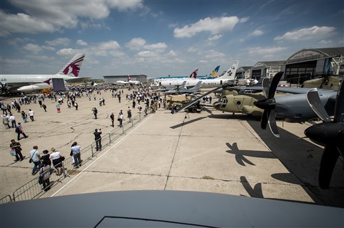 U.S. Army, Navy and Air Force aircraft are on display during the Paris Air Show at Le Bourget Airport, France, June 17, 2015. The Paris Air Show provides a collaborative opportunity to share and strengthen the U.S. and European strategic partnership that has been forged during the last seven decades and is built on a foundation of shared values, experiences and vision. The event is expected to bring in 315,000 people, a record 2,215 companies, 150 aircraft, and will span 324,000 square meters. (U.S. Air Force photo/ Tech. Sgt. Ryan Crane)