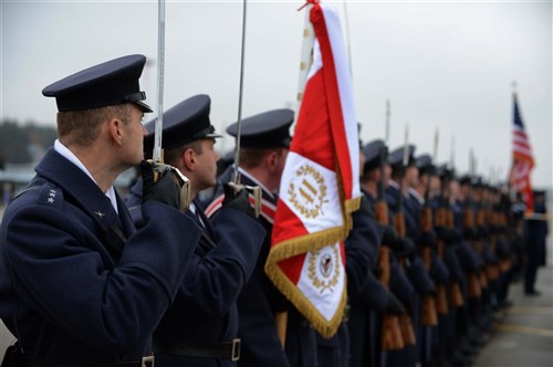 Members of the Polish Armed forces render a salute during an Aviation Detachment (AV DET) activation ceremony on the flightline of Lask Air Base, Poland, Nov. 9, 2012. The AV DET will be an enduring presence with 10 Airmen, but F-16 and C-130 crews and aircraft will rotate periodically for training, where the total number of personnel could surge up to 250. The AV DET supports Poland's continued defense modernization and standardization with the U.S. and North Atlantic Treaty Organization. 