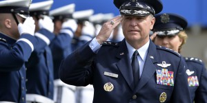 Gen. Mark Welsh, Air Force chief of staff enters the  U.S. Air Force Academy's Falcon Stadium as the Class of 2015 prepares to graduate in Colorado Springs, Colo., May 28, 2015. Over 800 cadets will cross the stage and become the newest second lieutenants in the USAF.  (U.S. Air Force photo by Lizi Copan/Released)