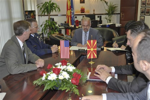 U.S. Air Force Maj. Gen. Steven Cray, the adjutant general of the Vermont National Guard, and U.S. Ambassador Paul Wholers meet with Talat Xhaferi, the Macedonian minister of defense, to discuss the possibility of engaging with Vermont and Senegal in tri-lateral events in Skopje, Macedonia, Sept. 12, 2013. Members of the Vermont National Guard traveled to Macedonia to meet with top Macedonian leaders to discuss the future of the State Partnership Program.