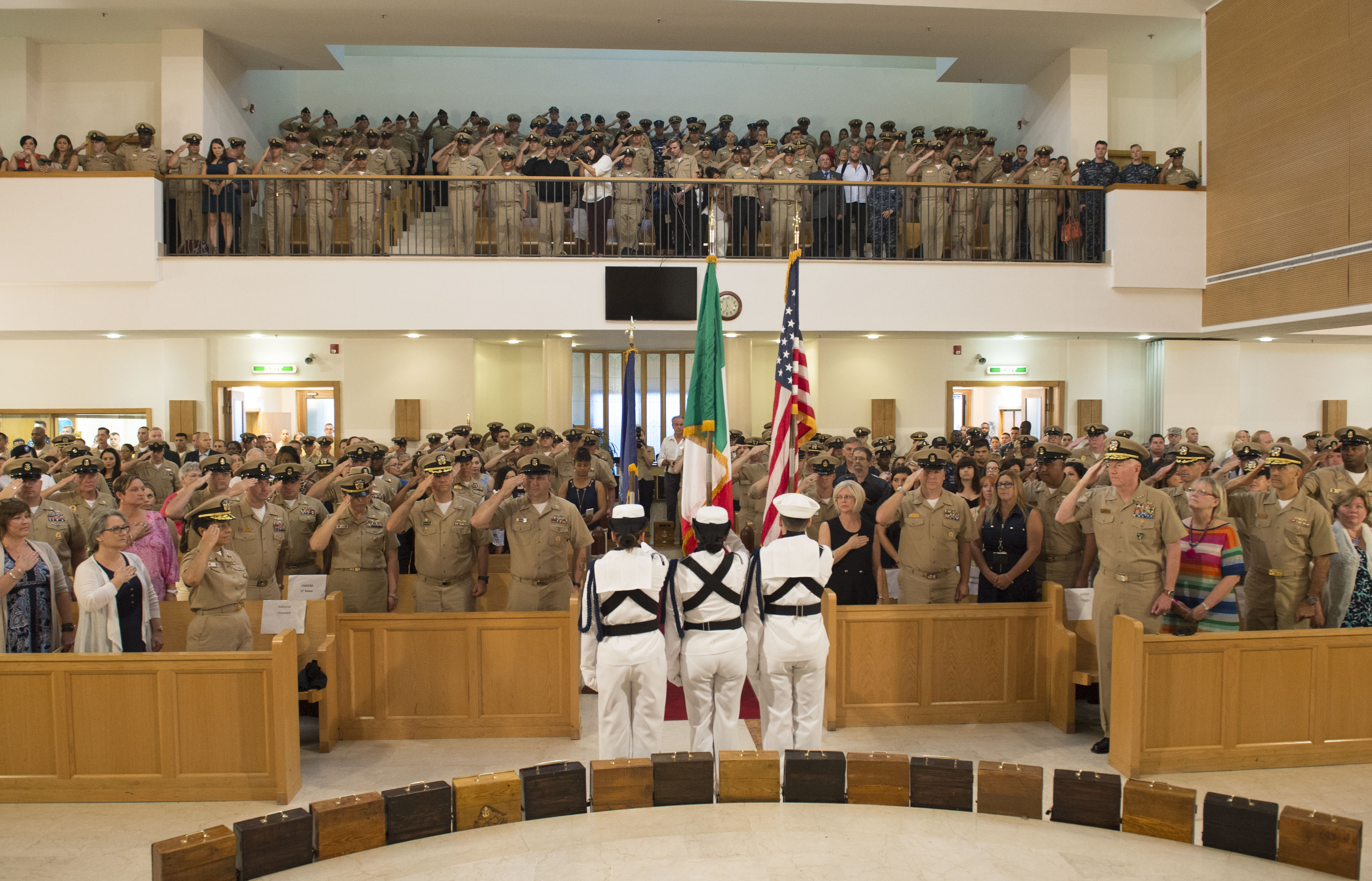 The U.S. Naval Forces Europe-Africa/U.S. 6th Fleet Color Guard parades the colors during a chief petty officer pinning ceremony on Naval Support Activity Site, Gricignano Sept. 16.