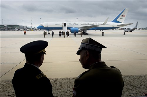 Army Gen. Martin E. Dempsey, the chairman of the Joint Chiefs of Staff, arrived in Warsaw, Poland, July 23, 2013, following a successful trip to Afghanistan. Dempsey met with Polish leaders and American Airmen training with the Polish armed forces July 24.
