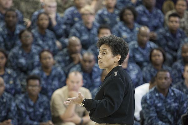 Vice Chief of Naval Operations (VCNO) Adm. Michelle Howard addresses Sailors during an all-hands call at Navy Operational Support Center (NOSC) Atlanta.  U.S. Navy photo by Hospital Corpsman 2nd Class Jeffrey J. Hanshaw (Released)  151024-N-YO069-030