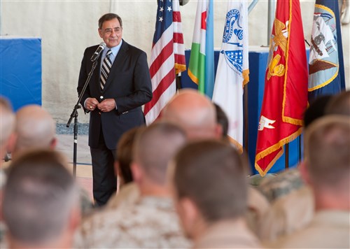 CAMP LEMONNIER, Djibouti - U.S. Secretary of Defense Leon Panetta addresses service members stationed at Camp Lemonnier, Djibouti, December 13, 2011.  Panetta said the role U.S. service members play in supporting their nation is securing the future for the children of generations to come. (U.S. Air Force photo by Staff Sergeant Marc I. Lane)