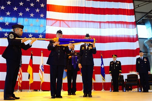 17th Air Force Command Chief CMSgt Michael Grimm, U.S. Air Forces in Europe Commander Gen. Mark Welsh and 17th AF Commander Maj. Gen. Margaret Woodward furl and case the 17th AF flag during an inactivation ceremony here April 20. The unit, which served as the air component for U.S. Africa Command, was also designated as Air Forces Africa. During the ceremony, the Air Forces Africa mission was transferred to USAFE and 3rd Air Force.