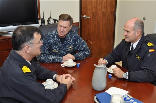 ROTA, Spain (Nov. 21, 2011) - Adm. Mark Ferguson, vice chief of naval operations (center), meets with Spanish Rear Adm. Juan Rodriguez-Garat, chief of high readiness naval headquarters and naval action, (left), and Spanish Rear Adm. Juan Ruiz-Casas, commander-in-chief Rota Naval Base, (right), on Naval Station Rota, Nov. 21. Ferguson was in Rota to examine plans and requirements to homeport four U.S. Navy Aegis-capable destroyers here by 2015.