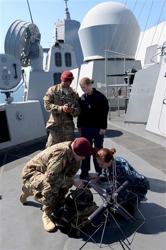 U.S. Army soldiers discuss field communications techniques and equipment with sailors aboard USS San Antonio LPD-17 June 12, during Baltic Operations 2015 (BALTOPS).  BALTOPS is an annual multinational exercise designed to enhance flexibility and interoperability, as well as demonstrate resolve among allied and partnered forces to defend the Baltic region. (Photo by Petty Officer 1st Class Adam C. Stapleton.)