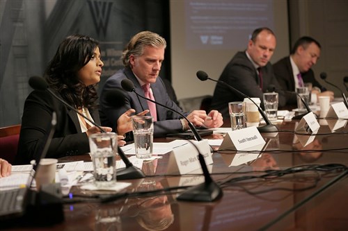 Swathi Veeravalli, Geospatial Research Laboratory, Jeff Andrews, chief of AFRICOM Environmental Security,  Rene Nijenhuis, Joint United Nations Environment Program/Office for the Coordination of Humanitarian Affairs, Carl Bruch, Environmental Law Institute.   Photo courtesy of Wilson Center. 