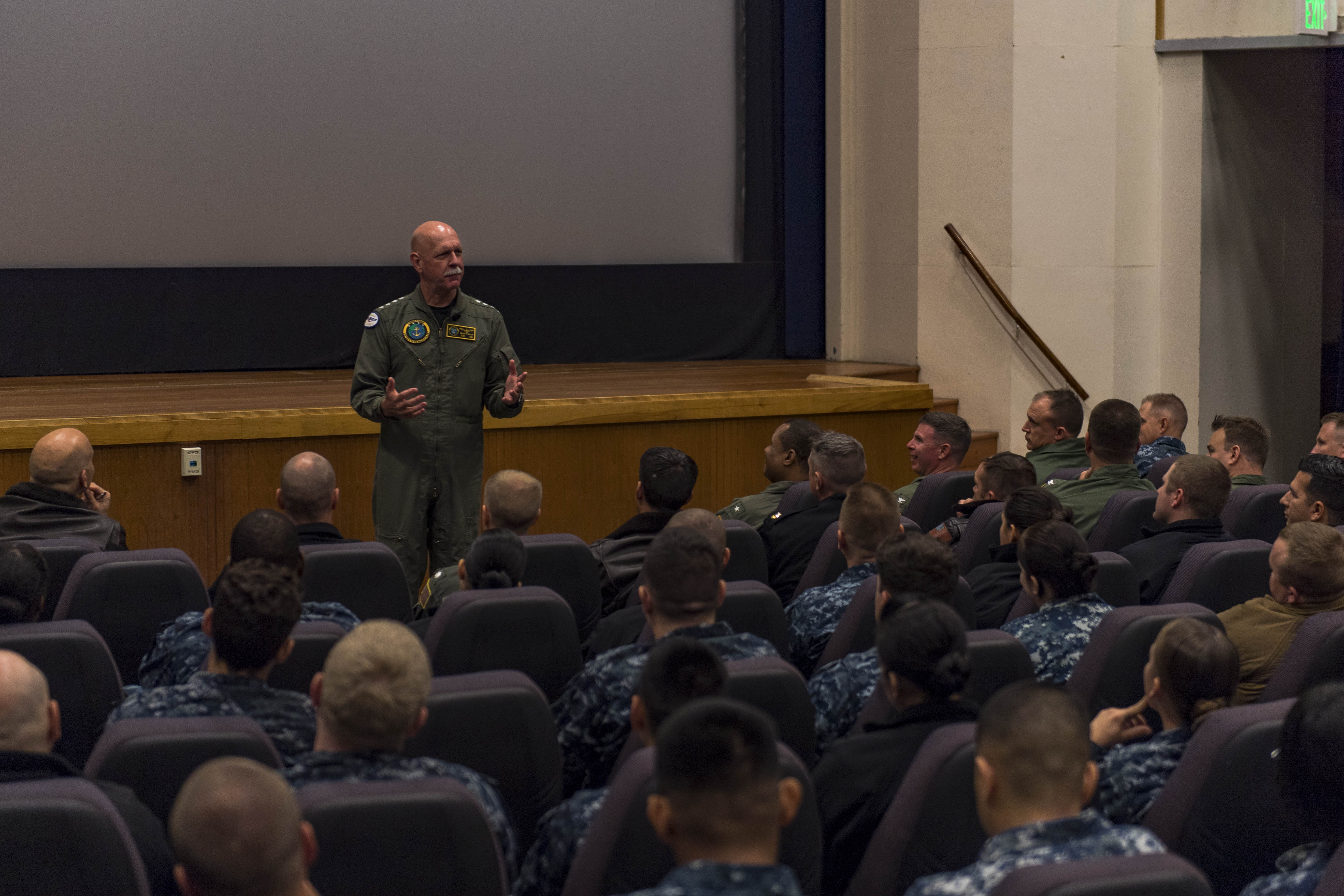 161003-N-WQ574-003 OAK HARBOR, Wash. (Oct. 3, 2016) Adm. Scott H. Swift, commander, U.S. Pacific Fleet, speaks to Sailors at Skywarrior Theater on Naval Air Station Whidbey Island. Swift is the 35th commander of the U.S. Pacific Fleet. (U.S. Navy photo by Petty Officer 3rd Class Caleb Cooper/Released) 