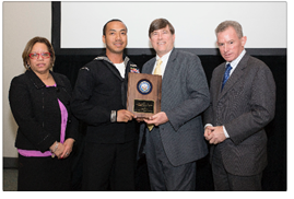 Mr. Robert Foster, Department of the Navy Chief Information Officer (DON CIO); Ms. Janice Haith, Director, DON Deputy CIO (Navy); and Mr. Kenneth Bible, Deputy Director, HQMC C4, U.S. Marine Corps, presented the DON IM/IT Rising Star Award to IT1 White during the awards ceremony at the DON IT West Coast Conference on February 17, 2016.