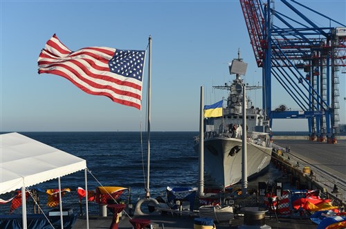 150901-N-FQ994-290 ODESA, Ukraine (Sept. 1, 2015) USS Donald Cook (DDG 75) and Ukrainian navy ship UKRS Hetman Sahaydachniy (U130) moored in Odesa, Ukraine for Sea Breeze 2015. Sea Breeze is an air, land and maritime exercise designed to improve maritime safety, security and stability in the Black Sea. (U.S. Navy photo by Mass Communication Specialist 3rd Class Robert S. Price/Released)