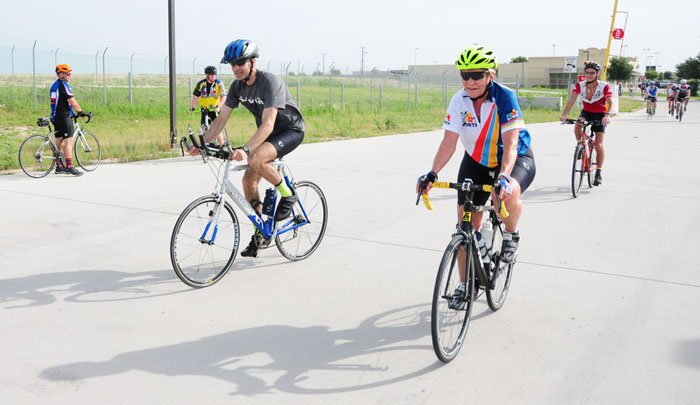160709-N-WR-682-114 FORT WORTH, Texas (July 9, 2016) Naval Air Station Fort Worth Joint Reserve Base Commanding Officer  Capt. Mike Steffen (left) and Fort Worth Mayor Betsy Price (right) ride to the completion of this eight-mile leg of the Tour de Fort Worth.   The installation was one of 21 stops on the 2016 Tour  de Fort Worth which runs through July 17.
