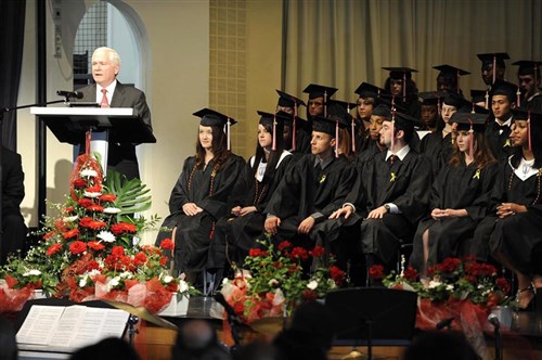 KAISERSLAUTERN, Germany &mdash; Defense Secretary Robert M. Gates gives the commencement address to seniors of Kaiserslautern High School at the Fruchthalle in Kaiserslautern, Germany, June 11. (Departmen of Defense photo by Master Sgt. Jerry Morrison)