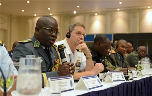 Armed Forces of the Republic of Congo Col. Leon-Rodance Ndinga comments during a table top exercise as part of Africa Endeavor 2015 in Gaborone, Botswana, Aug. 31, 2015. Sponsored by U.S. Africa Command, Africa Endeavor is an annual communications event designed to increase interoperability between partner nations in support of United Nations and African Union peacekeeping, disaster response and humanitarian assistance missions.
