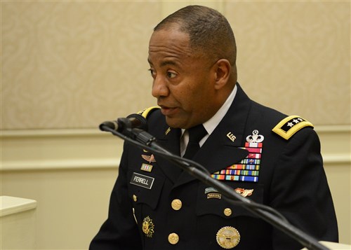 U.S. Army Lt. Gen. Robert Ferrell, the U.S. Army chief information officer, speaks during the closing ceremony for Africa Endeavor 2015 in Gaborone, Botswana, Aug. 28, 2015. Sponsored by U.S. Africa Command, Africa Endeavor is an annual communications event designed to increase interoperability between partner nations in support of United Nations and African Union peacekeeping, disaster response and humanitarian assistance missions.