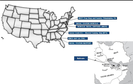 Map show Land and Maritime locations in the USA as well as in Bahrain