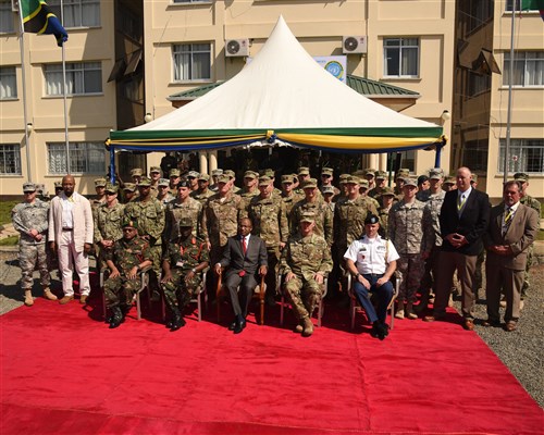 DAR ES SALAAM, Tanzania – Senior military leaders and Hussein Ali Mwyini, Minister of Defense and National Service, take a group photograph with the U.S. Eastern Accord 2016 participants at the Opening Ceremony at the Tanzanian Peacekeeping Training Centre on July 11, 2016, in Dar es Salaam, Tanzania. EA16 is an annual, combined, joint military exercise that brings together partner nations to practice and demonstrate proficiency in conducting peacekeeping operations. (U.S. Air Force photo by Staff Sgt. Tiffany DeNault/Released)