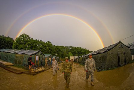 The rain subsides long enough for a rainbow to arch over a tent city constructed by I Corps and Korean army soldiers for U.S. and Canadian army personnel conducting a two-week training mission at Yongin, South Korea, Aug. 27, 2016.