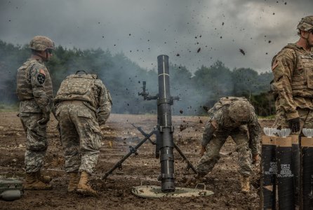 Mortar-men with Headquarters Company, 2nd Battalion, 27th Infantry Regiment, fire the M120 Battalion Mortar System at Albano Training Area, Japan, Sept. 13, 2016, as part of Orient Shield 2016. Orient Shield is an annual bi-lateral training exercise held in Japan.