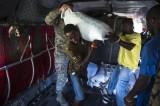 U.S. service members and citizens of Beaumont, Haiti, unload supplies from a CH-47 Chinook Oct. 13, 2016. 