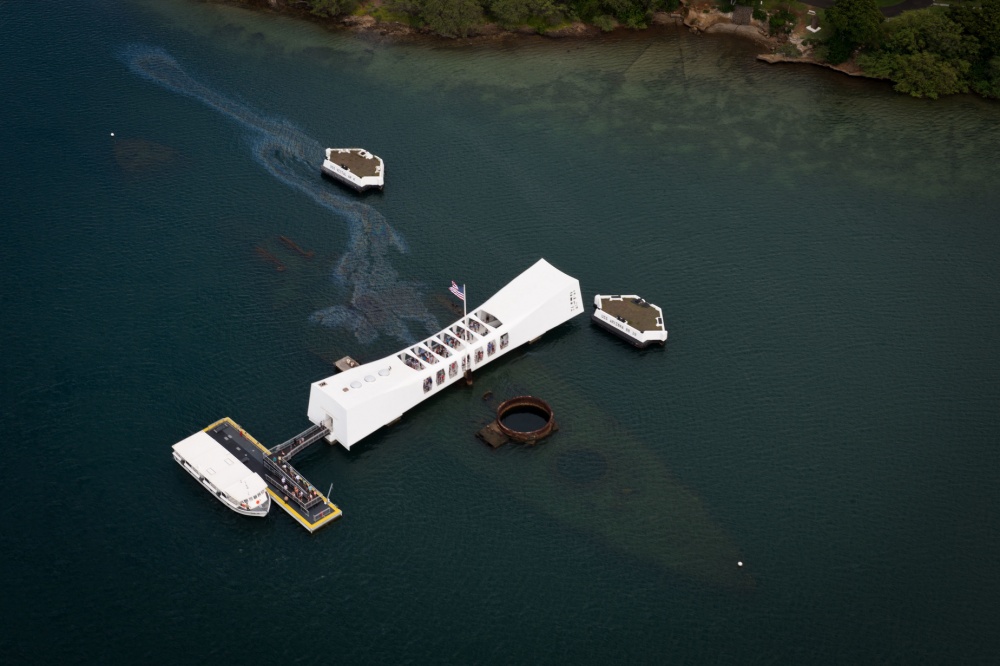 160706-N-SI773-164 JOINT BASE PEARL HARBOR-HICKAM (July 6, 2016) An aerial view of the USS Arizona Memorial at Ford Island, Joint Base Pearl Harbor-Hickam during Rim of the Pacific 2016. (U.S. Navy Combat Camera photo by Mass Communication Specialist First Class Ace Rheaume/Released)