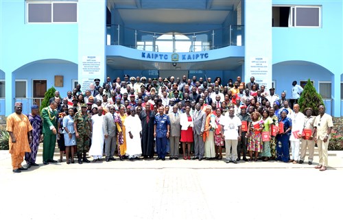 Graduates of the 7th West Africa Disaster Preparedness Initiative (WADPI) course pose with faculty and senior government officials from Liberia, Nigeria and Ghana at the Kofi Annan International Peacekeeping Training Centre (KAIPTC) in Accra, Ghana, Sept. 18, 2015.  Funded by U.S. AFRICOM and executed by KAIPTC, the National Disaster  Management Organization (NADMO) of Ghana, and the Economic Community of West African States (ECOWAS), WADPI aims to strengthen national capacities in disaster preparedness, response and management among 17 African Partner Nations, primarily ECOWAS member states, and Mauritania, Chad and Cameroon. (Photo by the KAIPTC-WADPI Communications Team/Released)