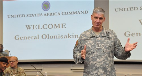 Gen. David Rodriguez, commander, U.S. Africa Command delivers opening remarks for a two-day meeting with Gen. Abayomi Olonisakin, Nigeria CDS, and several of his most senior officers.  The purpose of the visit was to reinforce the importance of a strong US-Nigeria security cooperation relationship, with topics focused on ways to counter terrorism, joint operations, logistics and maritime security in the Gulf of Guinea, Feb. 9, 2016, U.S. Army Garrison Stuttgart, Germany. (Photo by Brenda Law, U.S. Africa Command Public Affairs/RELEASED)