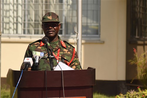 DAR ES SALAAM, Tanzania – Tanzanian Brig. Gen. Yohana Ocholla Mabongo, Eastern Accord 2016 exercise co-director, welcomes the participants to the Eastern Accord 2016 command post exercise during the Opening Ceremony at the Tanzanian Peacekeeping Training Centre on July, 11, 2016, in Dar es Salaam, Tanzania. EA16 is an annual, combined, joint military exercise that brings together partner nations to practice and demonstrate proficiency in conducting peacekeeping operations. (U.S. Air Force photo by Staff Sgt. Tiffany DeNault/Released)