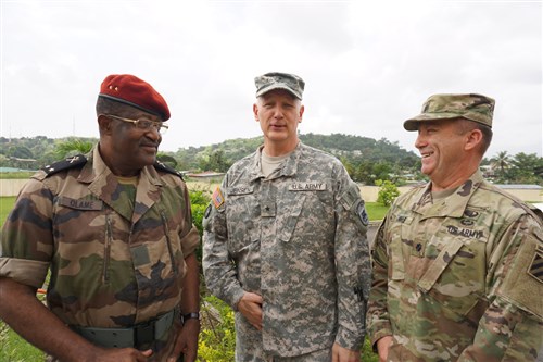 Brig. Gen. Ferdinand Gaspard Olame Ndong, deputy chief of the general staff of the Gabonese Armed Forces, Brig. Gen. Jon Jensen, U.S. Army Africa deputy commanding general, and Lt. Col. James Lander, deputy commanding officer of 2nd Brigade Combat Team, 3rd Infantry Division, welcomed military planners from 16 African and European nations to the main planning event for Central Accord 2016. Central Accord is an annual exercise that brings together partner nations to demonstrate mission command proficiency for a United Nations peacekeeping operation, improve multi-echelon operations and develop multinational logistical and communications capabilities.