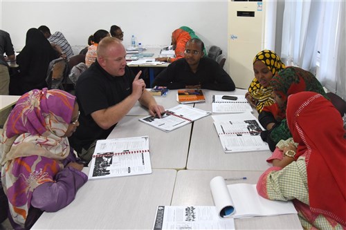 U.S. Army Maj. William Jones, 403rd Civil Affairs Battalion team chief, clarifies a phrase for Djiboutian students during an English discussion group at the Diplomatic Institute in Djibouti, Jan. 12, 2016. The English discussion groups not only help students practice their newly acquired language skills with native speakers, but they also acquaint them with U.S. military members on a personal level. (U.S. Air Force photo by Staff Sgt. Victoria Sneed) 