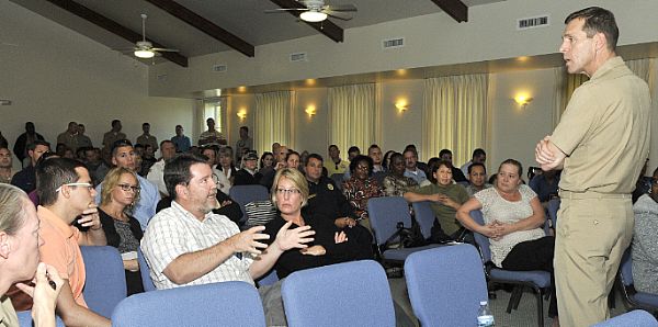 Vice Adm. Dixon Smith, commander of Navy Installations Command, answers housing questions from Balfour Beatty Communities residents during a resident meeting at Sigsbee Park.  U.S. Navy photo by Jolene Scholl (Released)  141211-N-HL010-002