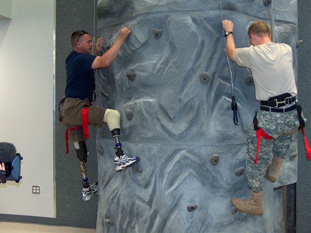 This is a rock-climbing wall at Walter Reed Medical Center's Military Advanced Training Center, a facility we built in 2007 with world-class technology designed to help amputees returning from combat